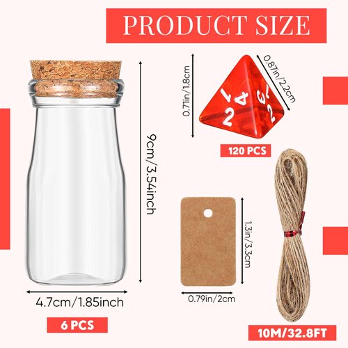 Wettarn 120 Pcs Transparent Red D4 Dice 6 Pcs Potion Bottle 3.4 oz Plastic Favor Jars with Cork Lids Polyhedral Dice Set for Party Favors Table Games Party Cute Jars