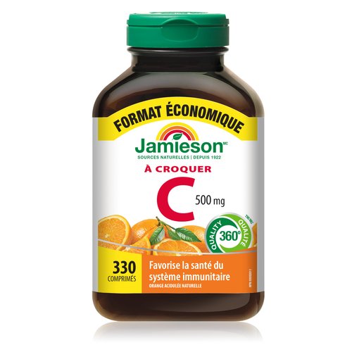 Jamieson Chewable Vitamin-C 500mg Value Supplement Pack(330 Count), Tangy Orange, Imported from Canada)