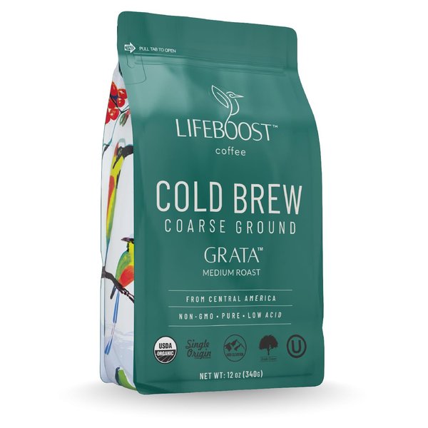Lifeboost Medium Cold Brew Coffee - Low Acid Coarse Ground Coffee for Cold Brew - Single Origin Non-GMO USDA Organic Cold Brew Coffee Grounds - 3rd Party Tested For Mycotoxins & Pesticides - 12 Ounces