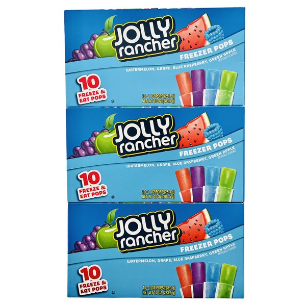 Jolly Rancher Freezer Pops, Watermelon, Green Apple, Grape, Blue Raspberry, 10 Ct (Pack of 3)