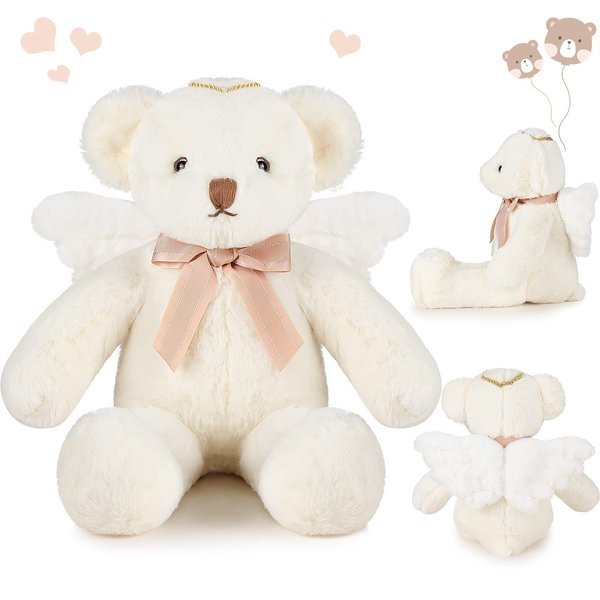 Sratte 16 Inch Angel Bear Plush Stuffed Bear Cute Angel Stuffed Animal with Wing and Bow White Bear Dolls for Girlfriend Lover Family Boy Girl on Birthday Baby Shower Baptism Christening Thanksgiving
