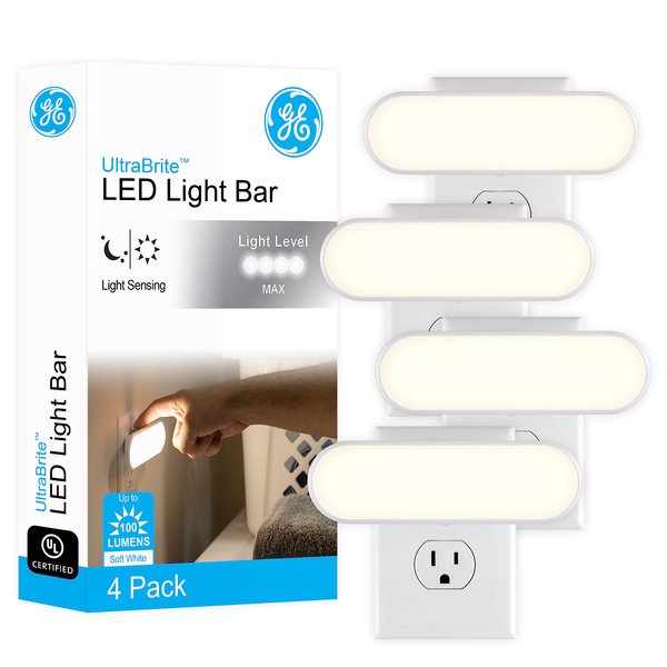 GE Ultrabrite LED Light Bar Night Light, 100 Lumens, 4 Pack, Dusk-to-Dawn Sensor, Auto/On/Off Switch, Plug-in, Ideal for Dark Spaces, Bedroom, Bathroom, Kitchen, Hallway, Garage, White, 62459
