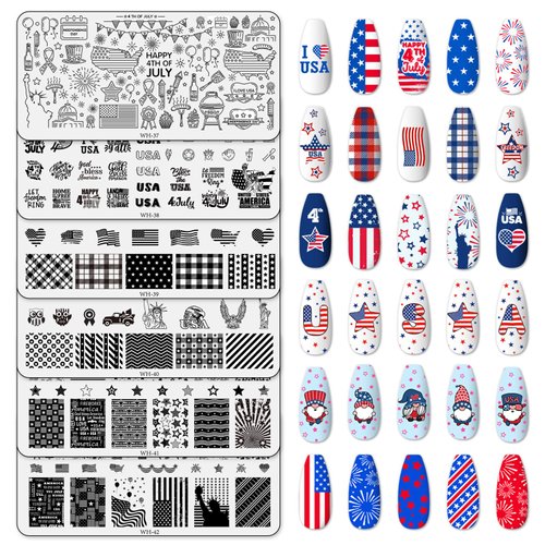 Whaline 6 Sheets Patriotic Nail Stamping Plates Kit Happy 4th of July American Flag Stars Gnome Image Stamp Templates 4th of July Nail Art Plates for Independence Day DIY Print Manicure Salon Design