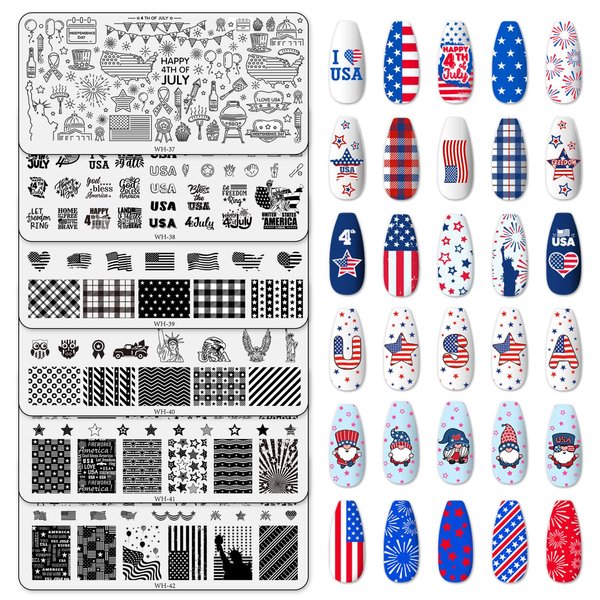 Whaline 6 Sheets Patriotic Nail Stamping Plates Kit Happy 4th of July American Flag Stars Gnome Image Stamp Templates 4th of July Nail Art Plates for Independence Day DIY Print Manicure Salon Design