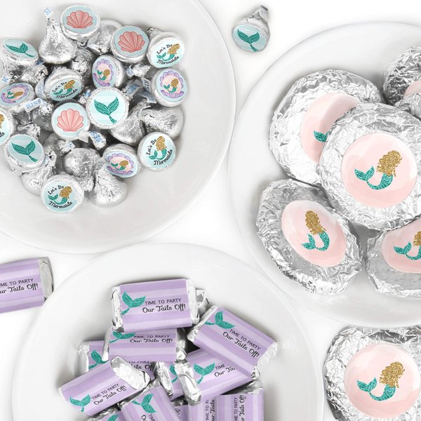 Let's Be Mermaids - Mini Candy Bar Wrappers, Round Candy Stickers and Circle Stickers - Baby Shower or Birthday Party Candy Favor Sticker Kit - 304 Pieces