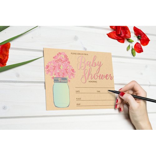 Baby Shower Invitations - 25 Baby Girl Shower Invites & Envelopes (Floral Jar Pink)