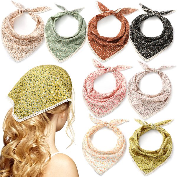 Kinlop 8 Pcs Floral Hair Bandanas Headband Triangle Boho Hair Scarf Headband Floral Printed Chiffon Head Kerchief Floral Hair Kerchief for Women Girls Hair Scarves Accessories (Classic Style)