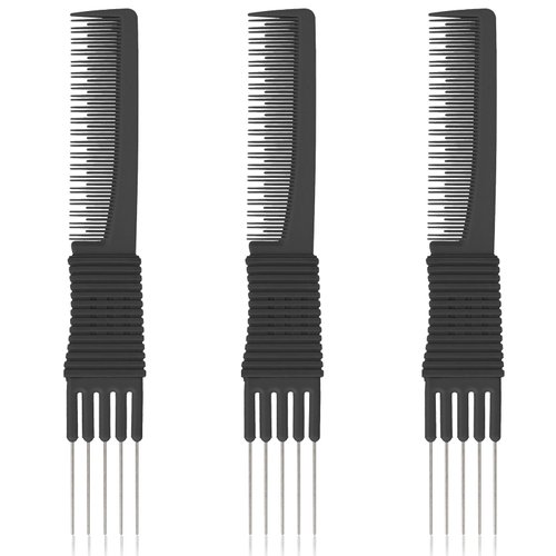 Lift Teasing Combs with Metal Prong, 3 Pack Black Salon Teasing Back Combs Hair Styling Comb Lifting Fluffing Comb with Metal Pick Hair Picks for Women