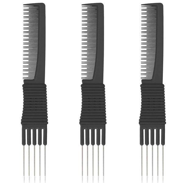 Lift Teasing Combs with Metal Prong, 3 Pack Black Salon Teasing Back Combs Hair Styling Comb Lifting Fluffing Comb with Metal Pick Hair Picks for Women