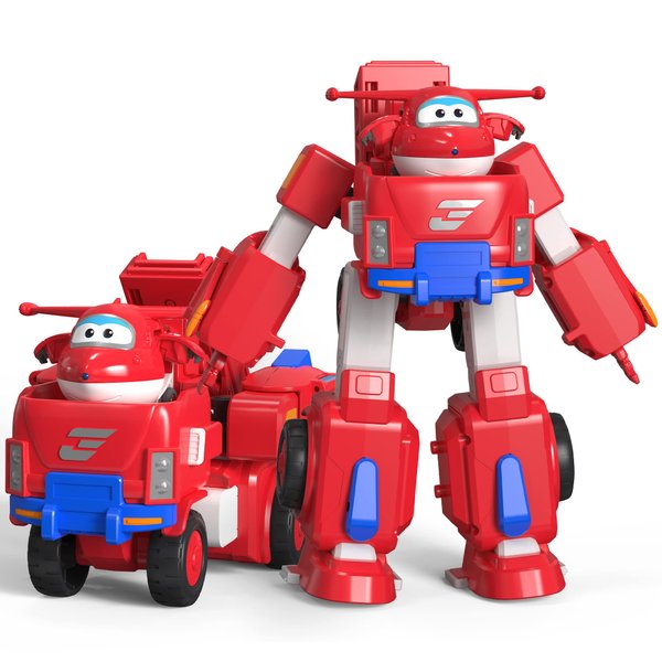 Super Wings Jett 7" Tall Superwings Jett Robot Suit and 2” Scale Transforming Jett Mini Figure , Transforming Robot & Transforming Fire Truck Toy Vehicle Playset, Gifts for Boys Girls Kids Child