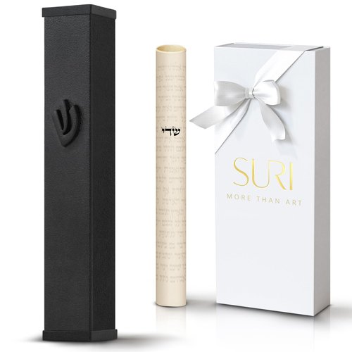 Classic Black Mezuzah for Door | Complete Small 4 Inch Mezuzah Kit with Non Kosher Scroll | Self Stick Mezuzah Case for Easy Installation | Meaningful Jewish Judaica Gifts