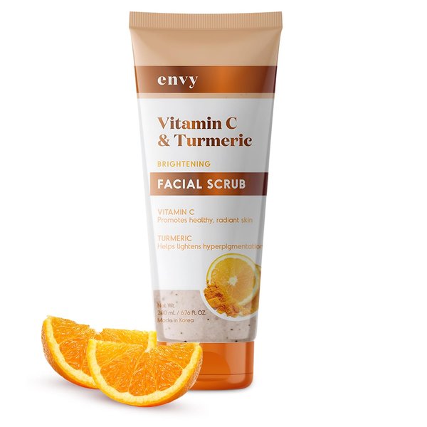 Envy Vitamin C and Turmeric Face Scrub - Anti Aging Facial Exfoliating Scrub, Clears Blackheads Improve Dark Spots & Acne - Korean Skin Care - All Skin Type - Vegan, Cruelty Free - 200ML / 6.76Oz