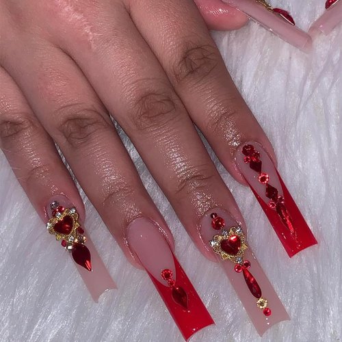 SINSEN Long Square Press on Nails Rhinestone Acrylic Fake Nails Glossy Red French Tip False Nails Very Long Glue on Nails Kit Reusable Stick on Nails Finger Manicure Decorations for Women, 24PCS
