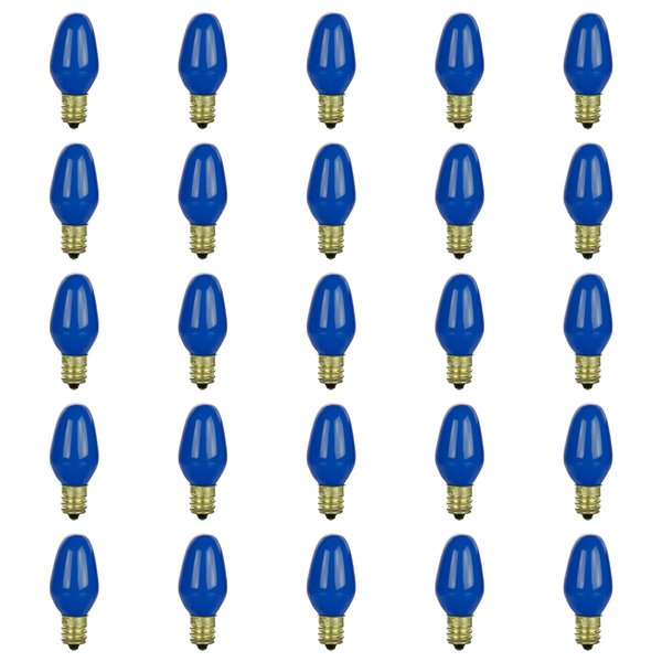 Sunlite 01255 7C7 Incandescent Bulb, 7 Watt, Candelabra E12 Base, C7 Small Night Light, Colored Bulb, Blue, 25 Count