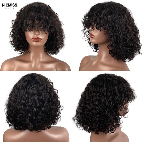 NICMISS Short Curly Bob Wig Human Hair with Bangs Glueless Bob Wigs for Black Women 180% Density Brazilian Bob Wig with Bangs Human Hair Machine Made Black