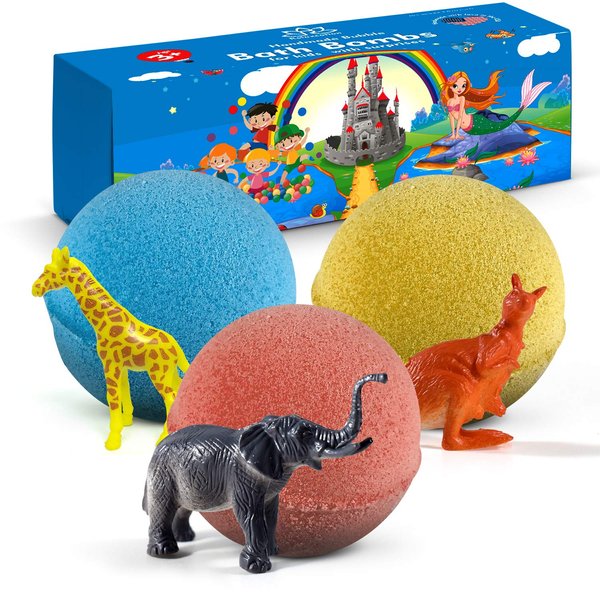 3 Handmade Bath Bombs for Kids with Wild Animals Toys Inside for Boys and Girls – Big Size Toys Natural and Safe Bath Fizzies - Great Gift Set for Boys and Girls