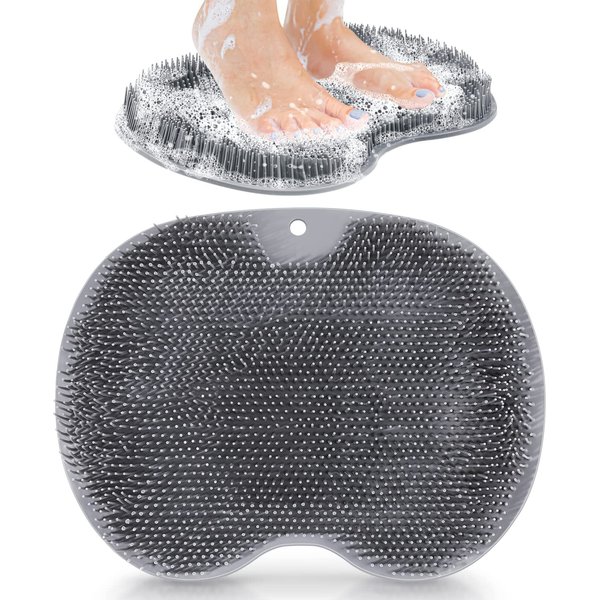 fghuim Silicone Foot & Body Scrubber with Non-Slip Suction Cups for Shower Hand-Free,Flat Wall Mounted Back Scrubber for Shower,Massage & Exfoliating Silicone Shower Scrubber Grey