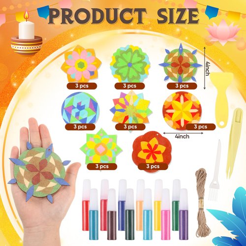 Weekgrat 24 Pcs Fall Wooden Sand Art Kits Diwali Mandala Sand ArtKits with 12 Colored Sand Self Adhesive Sand Painting for DIY Thanksgiving Diwali Christmas Festival Party Favors Gifts(Mandala)