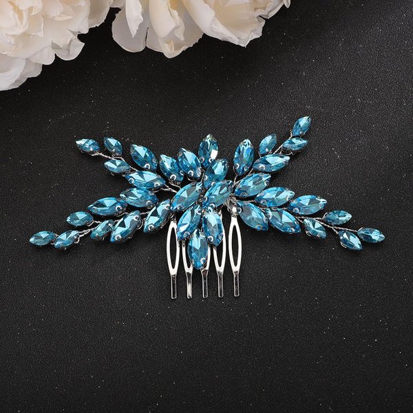 Teyglen Crystal Bride Wedding Hair Comb Hair Accessories With Rhinestone Bridal Crystal Hair Side Comb Handmade Red Blue Green Black Rhinestone Hair Pieces Vintage Headpieces for Women Girls (Lake
