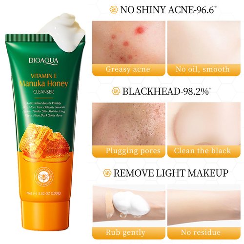 BIOAQUA Manuka Honey Facial Cleanser Vitamin E Deep Cleansing Foam Face Skin Repair Soften Moisturizing Hydrating 3.52oz/100g