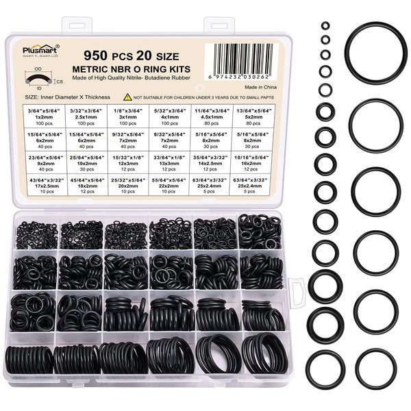 O Ring Kit, 950 Pcs Rubber O-Ring Assortment Kit, Plusmart 20 Sizes Washer Gasket Set for Pressure Washer, Plumbing Sealing Repair, Air or Gas Connections, Resist Oil and Heat