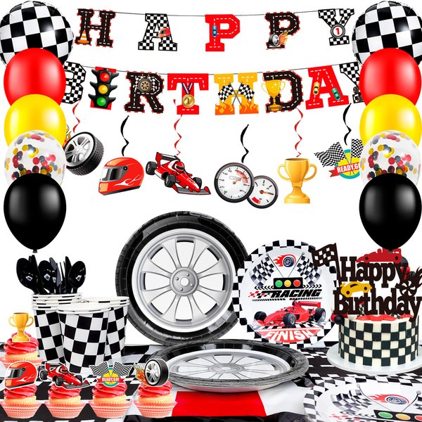 Race Car Birthday Decorations, 117 Pcs Race Car Birthday Party Decorations&Race Car Birthday Party Tableware Set - Race Car Birthday Plates Napkins Balloons Hanging Swirl etc Racing Car Party Supplies