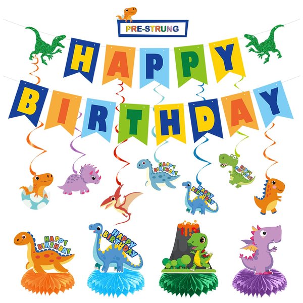 HTDZZI Dinosaur Birthday Party Supplies, Dinosaur Banner Backdrop Hanging Swirl Honeycomb Centerpiece Decoration Kit for Dinosaur Themed Birthday, Dino Favors for 1st, 2nd,3rd Birthday Boys Girls