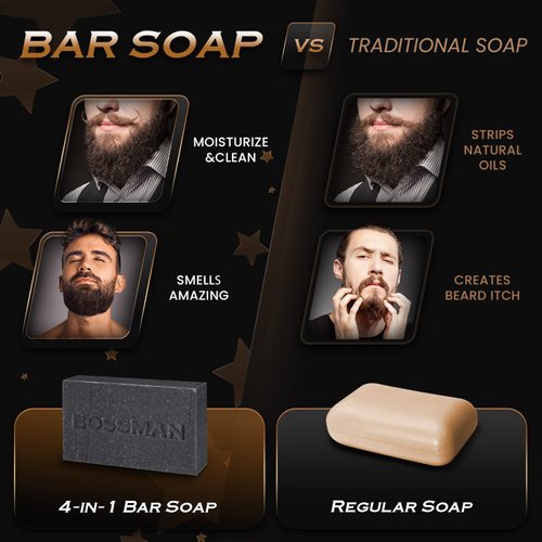 Bossman Men’s Bar Soap 4-in-1 – Natural Organic Beard Wash, Shampoo, Body Wash, Shaving and Bath Soap - Essential Beard Care (4oz), Scent- Eucalyptus and Tea Tree (1)