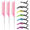 10Packs Rat Tail Combs Hair Clips Set，3Pcs Rat Tail Comb，Parting Comb and 7Pcs Alligator Styling Sectioning Clips of Professional Hair Salon Quality(Pink)