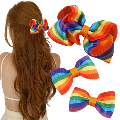 3Pcs Gay Pride Day Rainbow Hair Clips for Women Girls Grosgrain Ribbon Bow Hairpin Candy Color Bow Hair Barrettes Hair Accessories for LGBT Party Parades Celebrations Festival Decorations