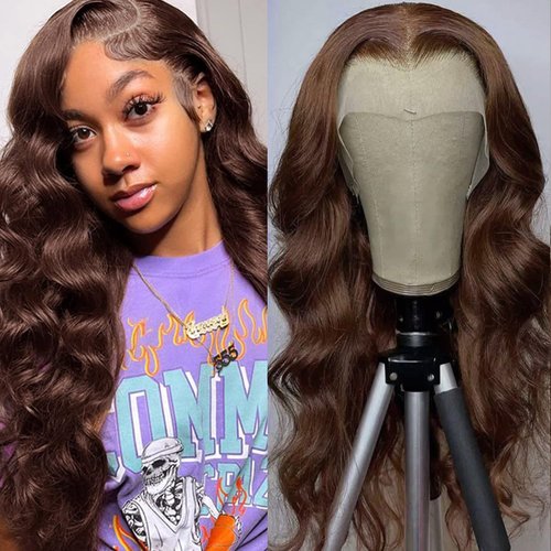 Brown Lace Front Wigs Human Hair Pre Plucked 4# Colored Chocolate Brown Body Wave Human Hair Lace Front Wigs for Black Women 180% Density Brown 13x4 HD Transparent Body Wave Lace Front Wigs (26 inch)