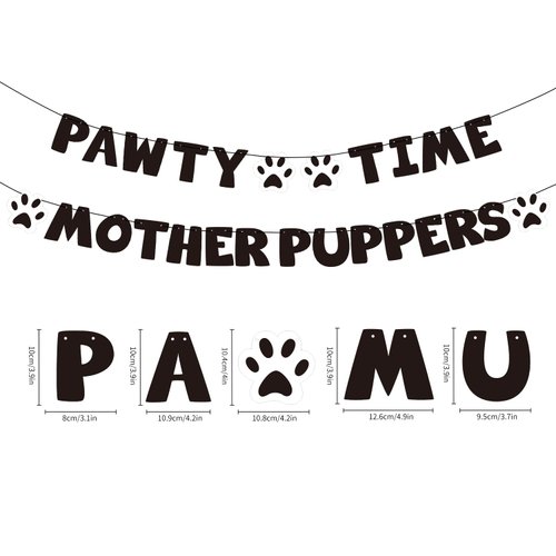 Pre-Strung Let's Pawty Dog Birthday Party Supplies - Pawty Time Mother Puppers - Funny Gold Glitter Puppy Dog Birthday Banner For Party Decorations Girl Boy - Cute Puppy Pets Paw Pennant Sign Deco (Black)