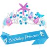 VELSCRUN Birthday Princess Crown Headband, Birthday Princess Sash for Girls, Blue Crystal Girl Tiara, Birthday Crowns Tiara for Women, Happy Birthday Princess Party Decorations for Girls