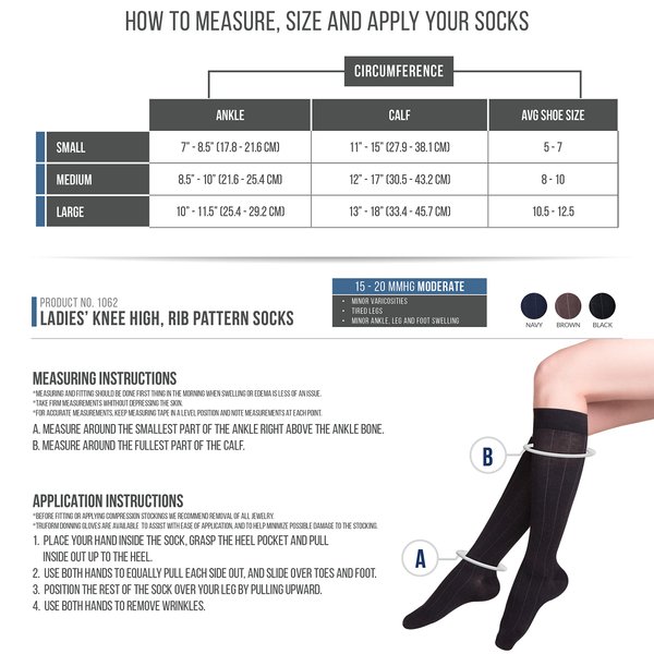 TOUCH Compression Socks for Women, 15-20 mmHg, Ribbed, Cotton, 1 Pair, Black, Small