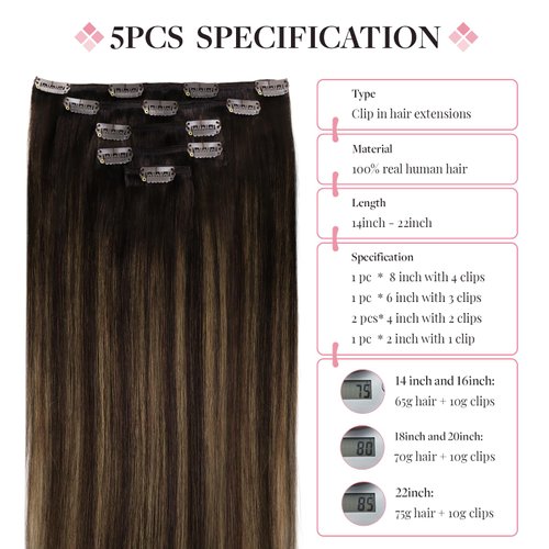 MAXITA Clip in Hair Extensions Real Human Hair, 80g 5pcs Balayage Dark Brown Mixed Chestnut Brown 18 Inch, Remy Human Hair Extensions Clip in Natural Hair Extensions Straight