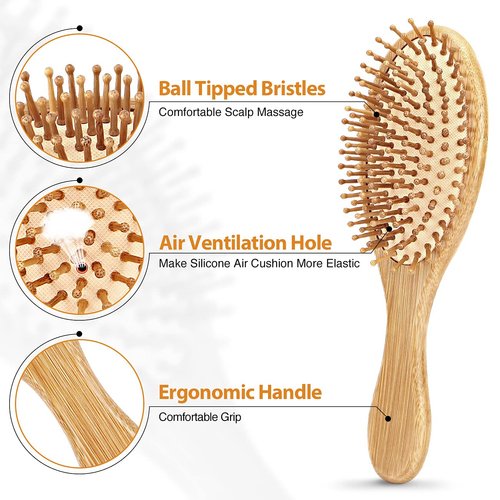 Pack of 2 Bamboo Hair Brushes, 100% Natural Eco-friendly Hair Brush with Bamboo Bristles, Massages Scalp Anti-Static Hair Detangle for All Types, Lightweight (Oval)
