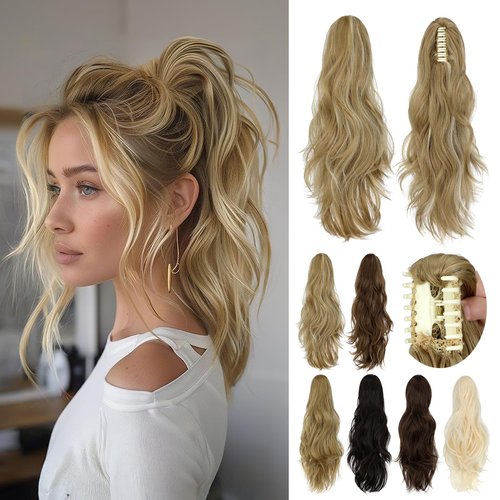 Cephermer Ponytail Extension Claw 18" Natural-Looking Synthetic Wavy Long Pony Tails Hair Extensions Ash blonde mix Bleach Blonde Clip-In Hairpiece for Women