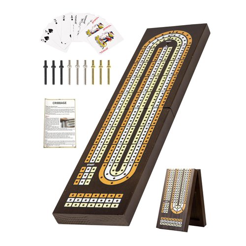 WodGod Cribbage Board Game Set,with 9 Metal Pegs,2 Decks of Playing Cards,Built-in Magnetic Storage,Instruction Included, Foldable, Easy to Store and Carry (3 Track Board)