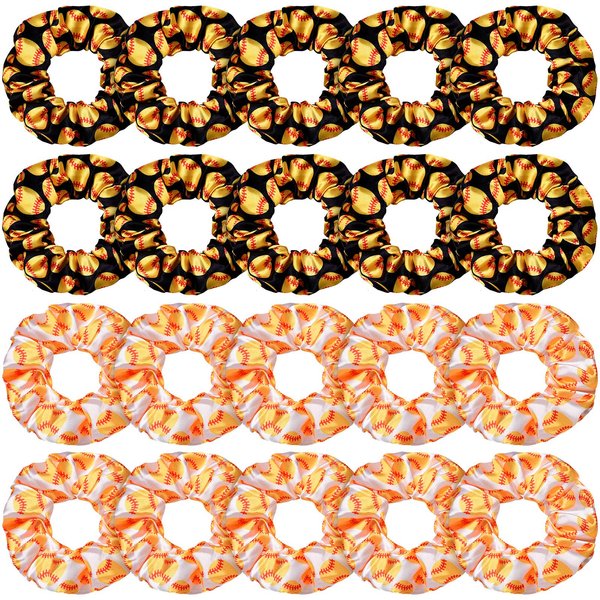20 Pieces Sport Hair Scrunchies Sports Scrunchy Hair Ties Elastic Silk Satin Scrunchies Hairband Scrunchy Ponytail Holder for Women Girls Player Team Hair Accessories, Black, White (Softball)
