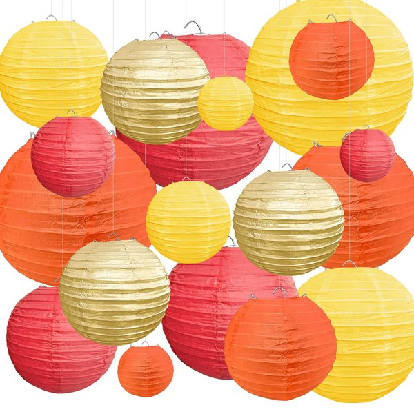 PheiLa Fall Theme Decorative Paper Lantern Set 18 Pcs Red Yellow Orange Gold Thanksgiving Hanging Paper Lantern Decorations for Festival Fall Harvest Birthday Party Home Indoor