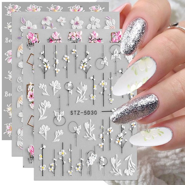3D Embossed Flower Nail Art Stickers Decals Self-Adhesive Pegatinas Uñas 5D Floral Nail Supplies Nail Art Design Decoration Accessories 4 Sheets