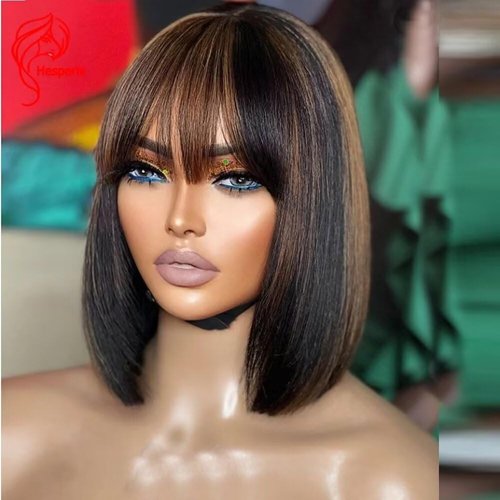 Jnymell Ombre Highlight Short Bob Human Hair Wigs with Bangs Brazilian Highlight 1BT30 Color Straight Bob 13x4 HD Transparent Lace Front Human Hair Wigs 150% Remy Short Bob Straight Hair Wig 10Inch