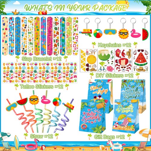Erweicet Summer Beach Party Favors 72 PCS Summer Pool Slap Bracelets DIY Stickers Keychains Temporary Tattoos Plastic Straws Party Gift Bags for Hawaiian Luau Theme Birthday Party Baby Shower