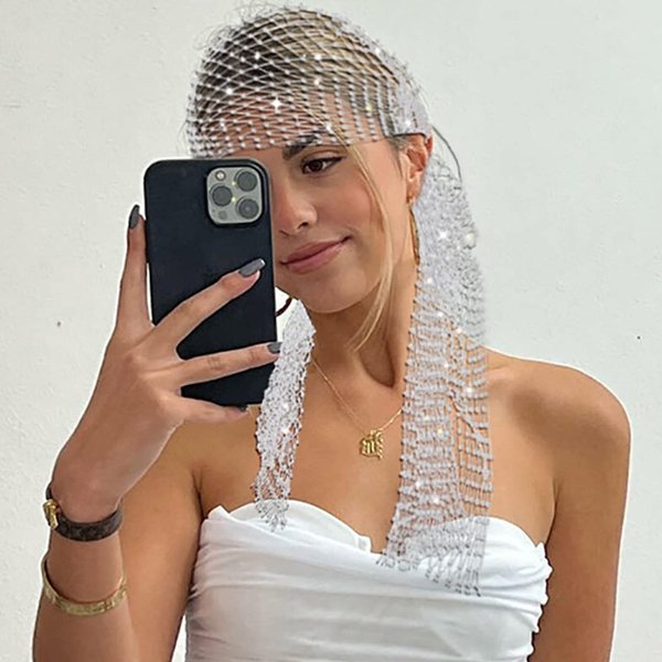 Formery Sparkly Rhinestone Mesh Headband Crystal Wide Hairbands Turban Party Nightclub Rave Edge Hair Wraps Scarf for Women and Girls (White)