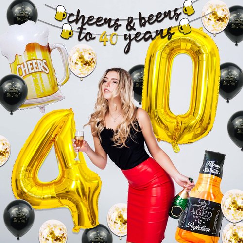 40th Birthday Decorations for Men, 40 Birthday Decorations with 40 Inch Gold 40 Number Balloons, Cheers to 40 Years Banner,Fringe Curtains and Cups Foil Balloons