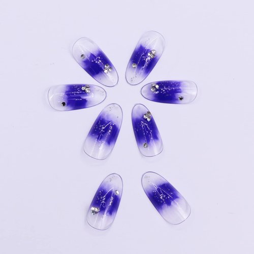 FULZTEY Long French Press on Nails Almond Glossy Fog Blue Full Cover Rhinestones False Nails for Women Ballerina Nail Art DIY Acrylic Fake Nail Tips Stick on Nails 24Pcs
