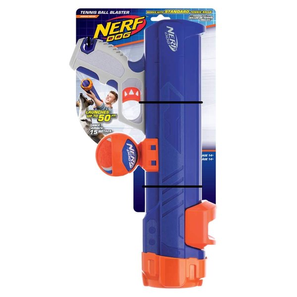 Nerf Dog 16in Blaster with Ball Clip and Non-Squeak Tennis Ball - Blue/Orange/Gray and Blue/Orange