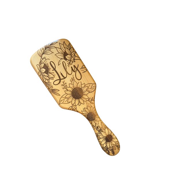 Personalized Wooden Hair Brush for Women Custom Name Sun Flower Hair Brush Gifts for Mom Grandma Friends Sister Bamboo Square Paddle Brush