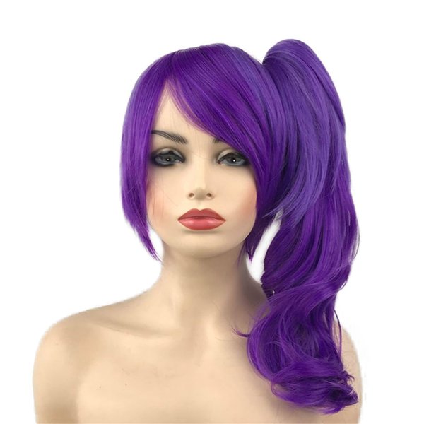 Aimole Short Straight Cute Anime Cosplay Wigs with 1 Long Curly Clip on Ponytail Women Synthetic Wigs Halloween Party Hair(Purple)