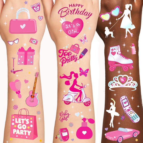 82 PCS Pink Metallic Tattoos, 4 Sheets Pink Glitter Temporary Tattoos, Pink Birthday Party Supplies, Pink Party Favors, Cute Decorations, School Rewards, Gifts Ideas for Girls